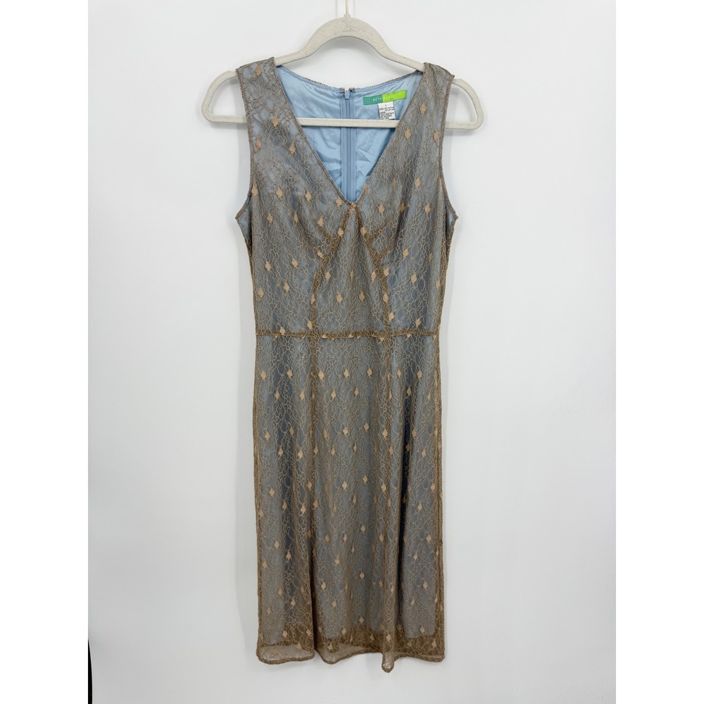 Beth Bowley Lace Sheath Dress Women Large Blue Tan‎ V-Neck Sleeveless Cocktail